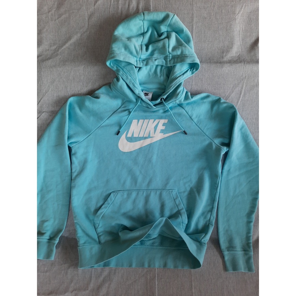 Nike Women Small Art Logo Pullover Fleece Hoody Drawstring Sweater Light Blue